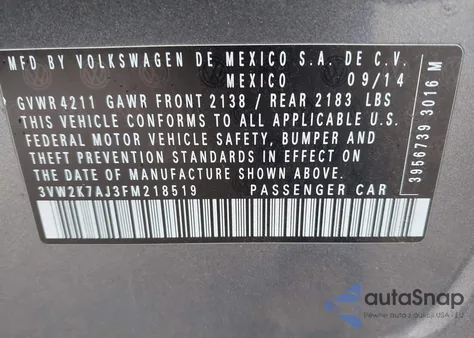 2015 Volkswagen Jetta S z USA, uszkodzony, nr VIN 3VW2K7AJ3FM218519